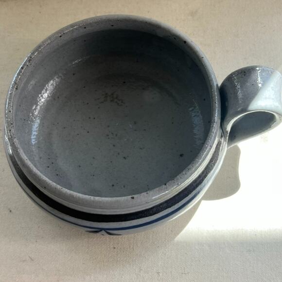 Studio Art Pottery Handmade Soup Bowl Handled Blue Striped Signed 5" X 3" - Picture 2 of 16